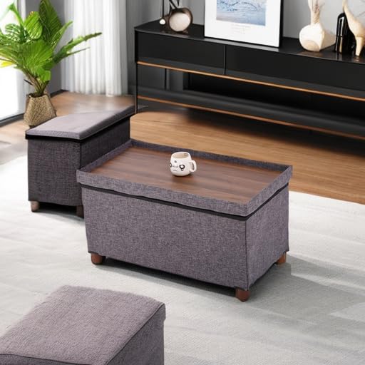30 Inches Storage Ottoman Bench, Rect Grey, Modern, Classic Style, Linen Fabric, Walnut Wood Legs - color: Rect Grey