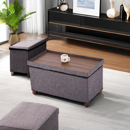 30 Inches Storage Ottoman Bench, Rect Grey, Modern, Classic Style, Linen Fabric, Walnut Wood Legs - color: Rect Grey