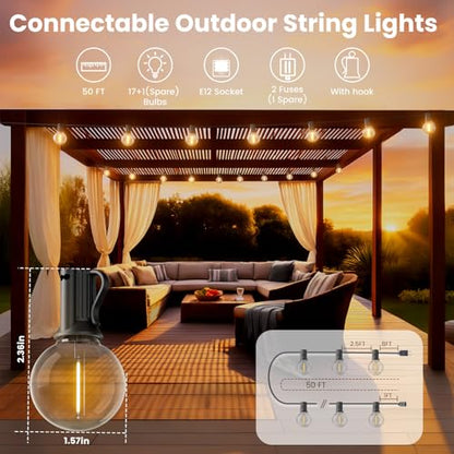 RTTY Outdoor String Lights 50 FT, Patio Light for Outside, Waterproof G40 Shatterproof LED Bulbs, Dimmable Hanging Connectable Globe Lighting for Backyard, Porch, Bistro, Balcony, Deck, Warm White - size: 50FT