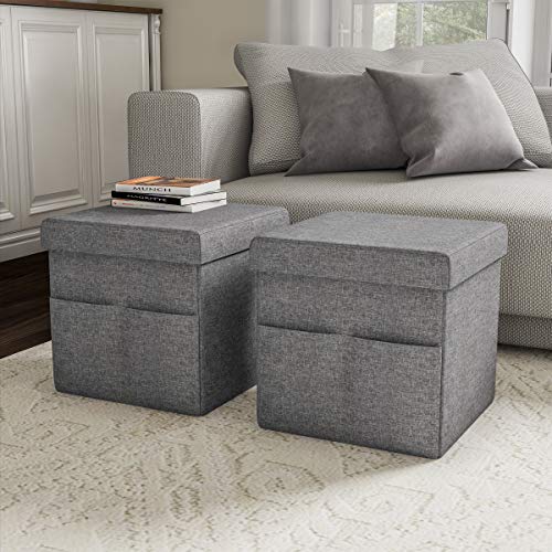 Set of 2 Ottomans with Storage Pockets - 15-Inch Folding Foot Rests or Storage Organizers for Bedroom, Living Room, or Dorm by Lavish Home (Gray) - color: Charcoal Gray