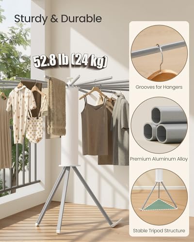 SONGMICS Clothes Drying Rack Foldable, Rotary Tripod Laundry Drying Rack, Rotatable Portable Floor Standing Clothes Airer, Laundry Room Balcony, 16 Pull-Out Aluminum Alloy Arms, Silver ULLR531EW01 - style: Aluminum Alloy Arms