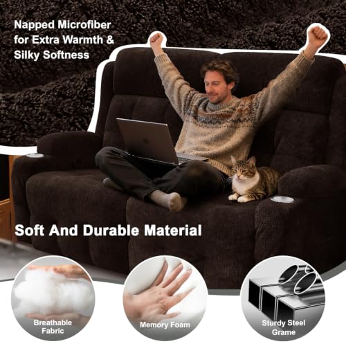 RV Loveseat Recliner Sofa, Reclining Loveseats Couch for RV Furniture, Home Theater Seating with Massage, USB, Insert Pockets, Cup Holders, 150° Wall Hugger RV Recliners Sleeper Sofa - color: Velvety Brown, size: Loveseat-G1