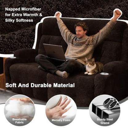 RV Loveseat Recliner Sofa, Reclining Loveseats Couch for RV Furniture, Home Theater Seating with Massage, USB, Insert Pockets, Cup Holders, 150° Wall Hugger RV Recliners Sleeper Sofa - color: Velvety Brown, size: Loveseat-G1