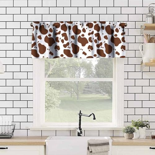 Cow Fur Print Valance, Abstract White Brown Cowhide Cute Animal Skin Short Blackout Window Treatments for Kitchen Kids Boys Girls Bedroom Living Room, 54x18inch - color: Cowhide-3
