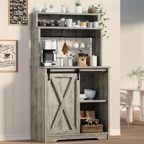 BestHaped Farmhouse Coffee Bar with 3 Tier Storage Hutch, 56 Inch Small Coffee Station with 6 Hooks, Corner Bar Table with Adjustable Shelves for Living Dining Room (Grey) - color: Grey, size: 31 Inch