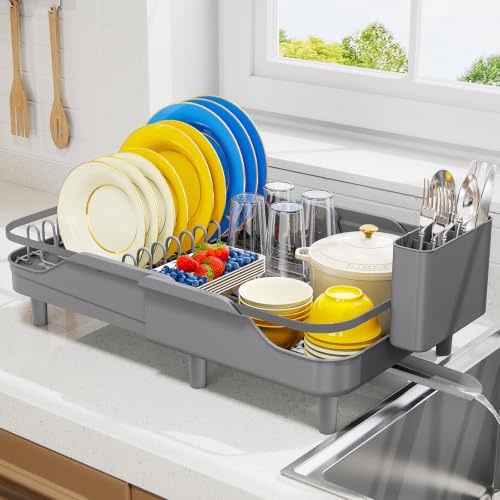 Urackify Expandable Dish Rack for Kitchen Counter,16.14"-23.62" Large Dish Drying Rack with Adjustable Water Spout, Space Saving Dish Drainer with Auto Draining Cutlery Holder, Matte Grey - color: Matte Grey