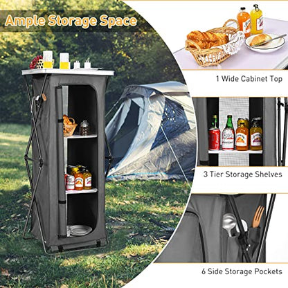 Goplus Folding Camping Storage Cabinet, Pop Up Outdoor Camping Kitchen Station with Large 3-Tier Storage Organizer, Carry Bag, Easy Set Up Portable Compact Camping Table for BBQ Picnic Backyard (55'') - size: 55''