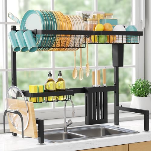 Sakugi Over The Sink Dish Drying Rack - Adjustable 2 Tier Large Capacity Stainless Steel Drainer with Cutlery & Utensil Holders, Kitchen Storage & Organization, 30"-33.9" L x 11" W x 21.5" H, Black - color: Black, size: Standard - 3 Baskets