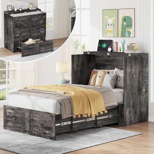 AMERLIFE Twin Murphy Bed Cabinet with Charging Station and Storage Drawer, Farmhouse Foldable Platform Bed for Home Office, Apartment, Small Spaces, Black Oak - color: Black Oak, size: Twin