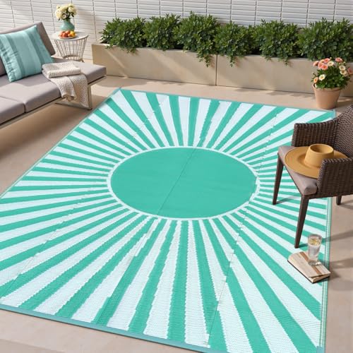 Wonnitar 5x8 Waterproof Outdoor Rug - Reversible Plastic Straw Patio Rug, Portable Outside Carpet for Camping, Indoor Outdoor Mat for Deck Backyard RV Garden Picnic (Blue-Green, 5'x8') - color: Blue-green, size: 5 x 8 Feet