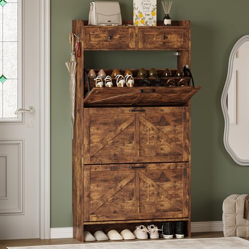 BORNOON Shoe Storage Cabinet for Entryway, Farmhouse Narrow Shoe Cabinet with 3 Flip Drawers & 2 Top Drawers, Adjustable Shelves & Hooks, Freestanding Hidden Rack Organizer for Hallway, Foyer - color: Rustic Brown, size: 3 Flip Drawer