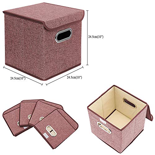 Storage Bin [Set of 4] Linen Fabric Foldable Container with Lid, Collapsible Organizer Boxes Cubes – 10 x 10 x 10 Inches (Red) - color: Red