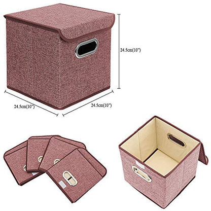 Storage Bin [Set of 4] Linen Fabric Foldable Container with Lid, Collapsible Organizer Boxes Cubes – 10 x 10 x 10 Inches (Red) - color: Red