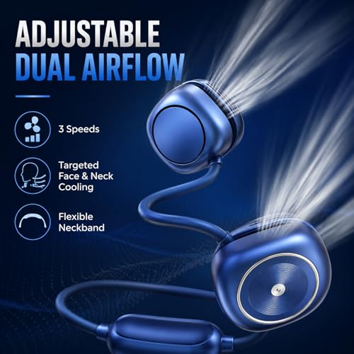 Foldable Neck Fan, Portable Neck Fan Rechargeable, Bladeless Quiet 360° Adjustable Personal Fan, 3 Speeds Hands Free Wearable Fan for Travel, Walking, Camping, Office, Navy Blue - color: F08