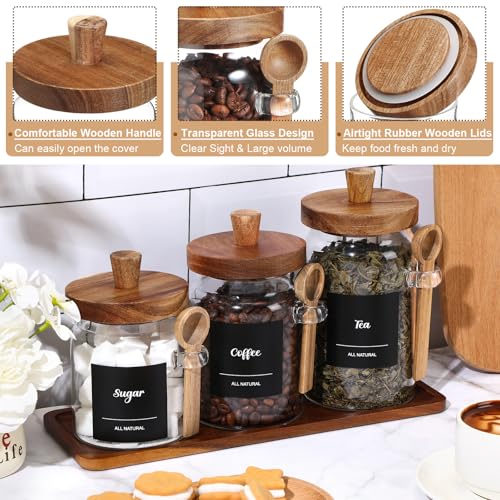 Suclain 3 Pcs Glass Coffee Container with Wooden Lid Spoon Shelf Labels Clear Airtight Jar Food Storage Canister Set for Sugar Spice Coffee Bean Holder Housewarming Gift(13.5,20,25 oz,Acacia Brown) - size: 13.5,20,25 oz