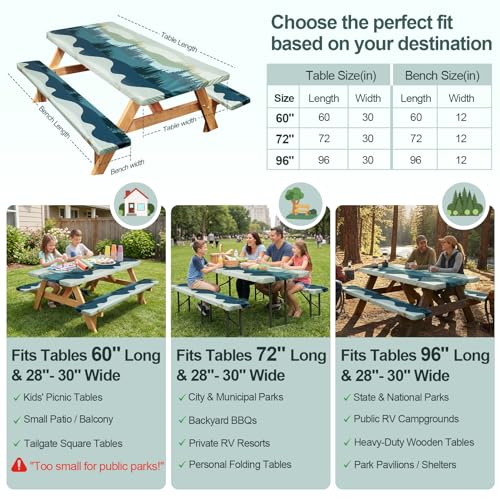 Picnic Table Cover with Bench Covers Camping Essentials Waterproof Windproof Camping Tablecloth with Drawstring Bag, Fitted Rectangle Tables and Seats, 72in, Green Blue - color: Green Blue, size: 72in