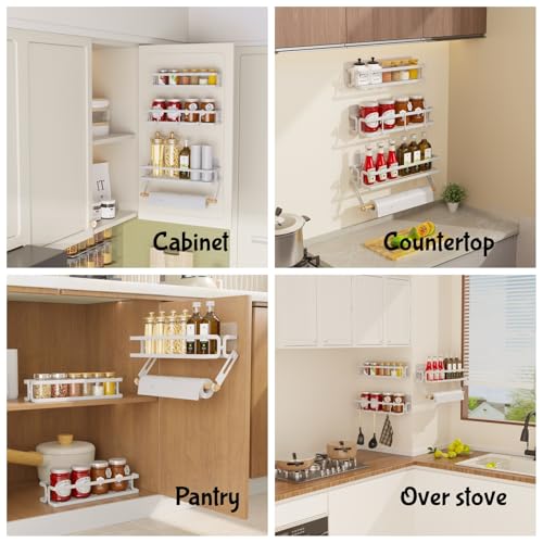 3 Pack Spice Rack Wall Mount, White | Paper Towel Holder and Hooks, Screw or Adhesive Hanging, Space Saving, For Stove, Cabinet, Pantry - color: White