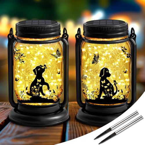 2 Pack Dog Solar Lanterns 3-IN-1 Outdoor Waterproof - Birthday Gifts for Dog Lovers Women Mom Christmas, Mason Jar Hanging Lanterns with Stake, Garden Decor Lights for Patio Yard Balcony Decorations - style: Dog-2
