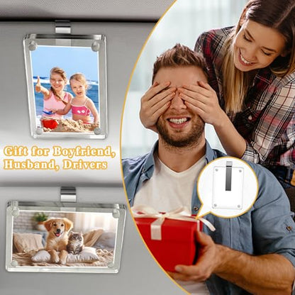 2Pcs Car Visor Photo Clip - Magnetic Acrylic Frame for 3" Photos,Sun Visor Clip with Strong Magnet,Drive Safe Gift for Boyfriend, Husband, Drivers (Clear)