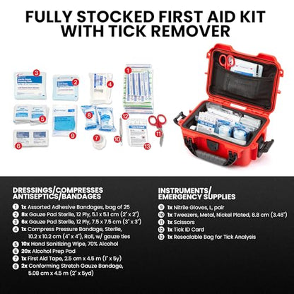 NANUK 903 - Small Waterproof First Aid Kit 78pcs – Pre-Stocked First Aid Emergency Kit with Bandages, Tick Removal Tool, and More – Dustproof, Impact-Resistant, Floats (7.4" x 4.9" x 3.1") – Red - size: 903 First Aid Kit – 90 Pcs