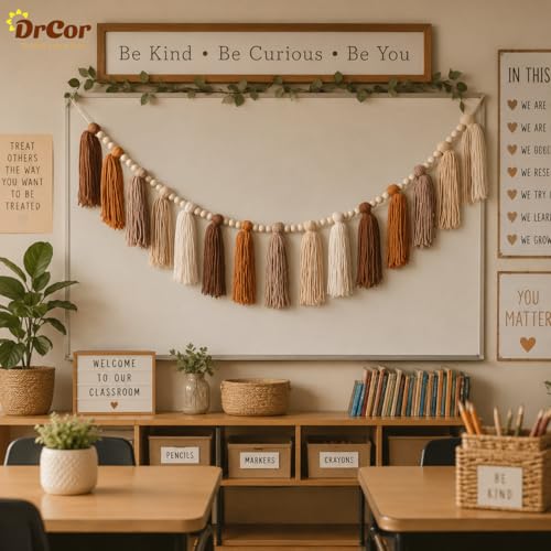 DrCor Boho Terracotta Rainbow Brown Tassel Garland – Classroom Decor for Teachers, Bulletin Board Decorations, Back to School Wall Hanging for Nursery, Kids Room, Baby Shower & Party Decor
