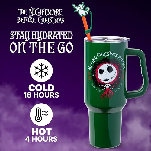 Silver Buffalo Disney Nightmare Before Christmas Making Xmas Fright Jack Skellington & Zero Double Walled Stainless Steel Tumbler w Handle, Straw, and Straw Cap, Fits in Standard Cup Holder, 40 Ounces - color: Nightmare Before Christmas Making Xmas Fright
