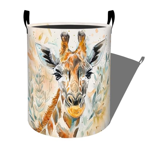 Watercolor Giraffe with Leaves Laundry Basket with Handles, 19.7"x15.7" Clothes Foldable Laundry Hamper Organizer for Dorm Nursery Bedroom Bathroom Decor, Toy Storage Bin for Kids - style: Giraffe37