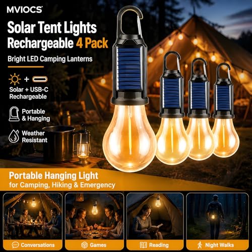 4 Pack Led Camping Lantern Solar Rechargeable,Outdoor Tent Lights for Camping Essentials, Hanging Light Bulbs with Clip Hook Camping Flashlight