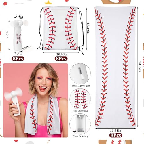 Woanger 24 Pcs Baseball Mini Handheld Fan Cooling Set 8 Small Personal Portable Fan 40''x 12'' 8 Baseball Cooling Towel 8 Drawstring Bags Summer Sport Party Favors Team Game Gift, Battery Not Include - color: White, style: Baseball