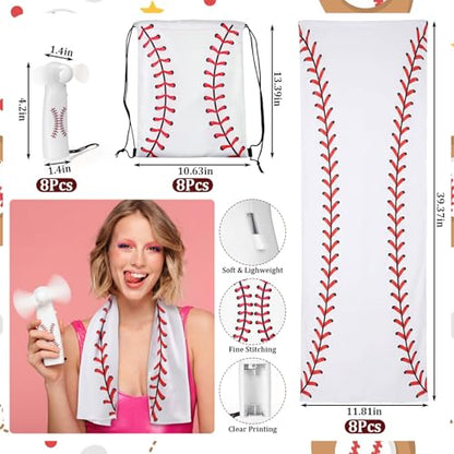 Woanger 24 Pcs Baseball Mini Handheld Fan Cooling Set 8 Small Personal Portable Fan 40''x 12'' 8 Baseball Cooling Towel 8 Drawstring Bags Summer Sport Party Favors Team Game Gift, Battery Not Include - color: White, style: Baseball
