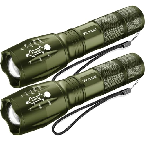 Victoper LED Flashlight 2 Pack Green, Bright Tactical Torch High Lumens 5 Modes, Waterproof Zoomable Flash Light for Outdoor, Birthday Gifts for Men, Dorm Room Hiking Camping Essentials Gear for Guys - color: Green, size: 2 PACK