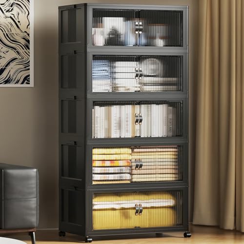 SAILUN 635Qt Extra Large Stackable Storage Bins Folding Collapsible Storage Bins with Lid, Closet Organizers and Storage Box with Door Black 28" W x 17" D x 75" H - color: Black, size: 1 Lid 5 Pack-28" W x 17" D x 75" H