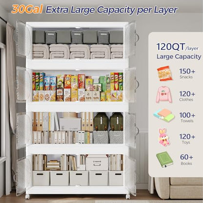 600QT Extra Large Stackable Storage Bins with Lid & Wheels & Doors, 150Gal Foldable Collapsible Closet Organizers, Plastic Cabinet Box Container Drawer for Home Kitchen Bedroom, 5Pack White - style: 5Pack