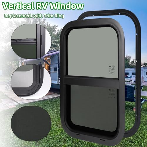 Cargo Trailer Windows,RV Windows for Camper Cargo Trailer Van Truck SUV,12" W x 22" H Vertical Sliding Window Replacement with Trim Ring,Fit 15/16" or 1-3/8" Thick Wall,Allow Error 1/16”,DOT Approved - size: 12"W x 22"H