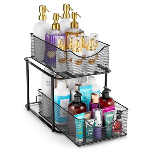 Sorbus 2 Tier Metal Under Sink Organizer for Bathroom, Kitchen, Strong Steel Mesh Sliding Drawers for Under Sink, Under Cabinet, Closet, Kitchen, Pantry, Bathroom Organizers and Storage (Black) - color: Black, size: 1 Pack
