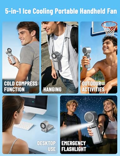 Handheld Fan Portable Personal Cooling Fans Mini Hand Held Fan,199Speed 26000RPM Turbo Air,6000mAhBattery USBRechargeable FoldableFan with LED Light Hook,Ice Cooling Essentials for Travel Outdoor Gift - color: silver version