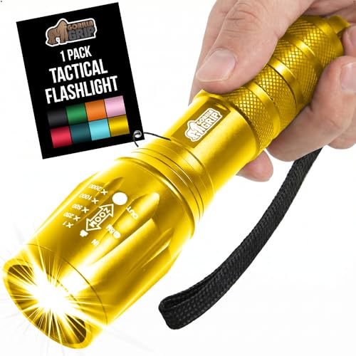 GORILLA GRIP Powerful LED Tactical Flashlight, 750 FT High Lumens 5 Adjustable Modes, Water Resistant, Ultra Bright Zoom Flashlights, Small Mini Flash Light, Camping, Night Dog Walking, Gold - color: Yellow Gold