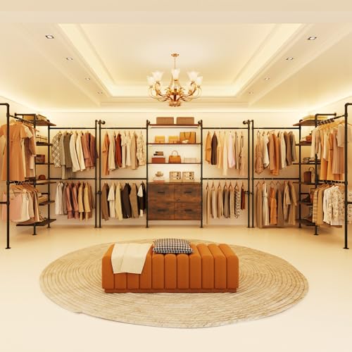 T3 Closet System with Stepless Dimmable LED Light, Industrial Pipe Clothing Rack with 4 Drawers, 6 Wooden Shelves & 4 Telescopic Rods, Heavy Duty Closet Organizers in Wardrobe Closet (Rustic Brown) - color: Rustic Brown