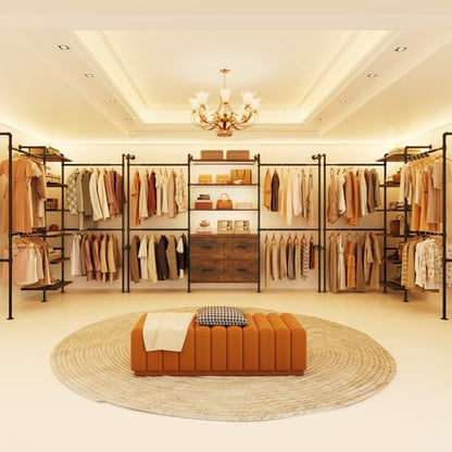 T3 Closet System with Stepless Dimmable LED Light, Industrial Pipe Clothing Rack with 4 Drawers, 6 Wooden Shelves & 4 Telescopic Rods, Heavy Duty Closet Organizers in Wardrobe Closet (Rustic Brown) - color: Rustic Brown