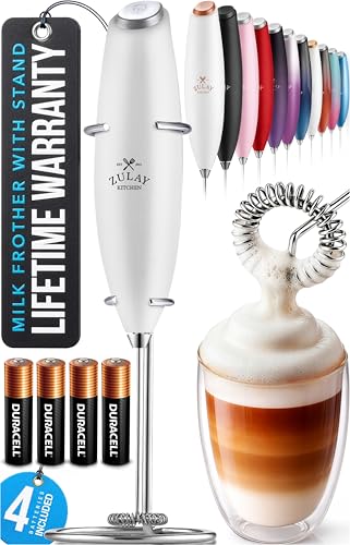 Zulay Kitchen Powerful Milk Frother Wand With Duracell Batteries - Ultra Fast Handheld Drink Mixer - Electric Whisk Foam Maker for Coffee, Lattes, Cappuccino & Matcha - Z1 Motor - Blizzard White - color: Blizzard Frost, size: Z1 Motor + Batteries