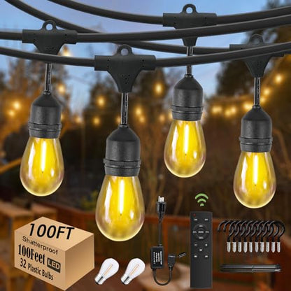 100FT String Lights for Outside with 30+2 Bulbs, Remote & Dimmer, Patio String Lights with 3 Light Modes & Timer, IP65 Waterproof,2200K Outdoor Lights for Patio Backyard Gazebo Pergola Café - size: 100ft