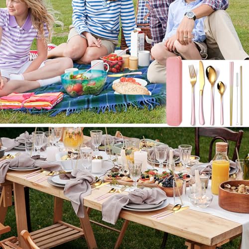 AARAINBOW 7 Pieces Stainless Steel Flatware Set Portable Reusable Cutlery Set Travel Utensils Set Including Chopsticks Knife Fork Spoon Straws Cleaning Brush Dishwasher Safe (7 Pink Golden) - color: 7 Pink Golden