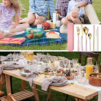 AARAINBOW 7 Pieces Stainless Steel Flatware Set Portable Reusable Cutlery Set Travel Utensils Set Including Chopsticks Knife Fork Spoon Straws Cleaning Brush Dishwasher Safe (7 Pink Golden) - color: 7 Pink Golden