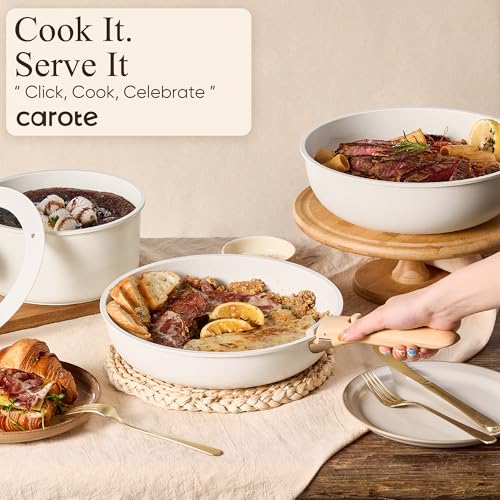 CAROTE 33pcs Pots and Pans Non Stick, Cookware Sets Detachable Handle, Induction Kitchen Pots and Pans, NonStick Cooking Set, Oven/Dishwasher/Fridge Safe, Space Saving - color: Cream White, size: 33 Piece