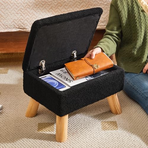 YMYNY Storage Ottoman,Small Foot Stool, 15.75"×11.81"×11.02" Black,HBD042B | Teddy Velvet,Sturdy Wood Legs, Foot Rest With Padded Seat, For Living Room Bedroom Couch Entryway - color: Black