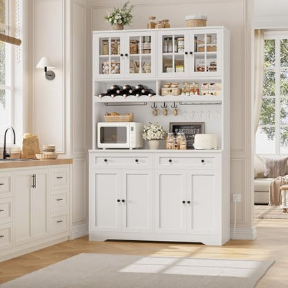 HOSTACK 75.4" Tall Kitchen Pantry Cabinet with Charging Station, Modern White Kitchen Hutch with Microwave Stand and Wine Racks, Large Food Pantry Storage Cabinet with Glass Doors and Drawers, White - color: White