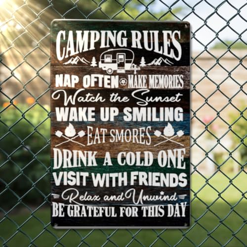 Cool Camping Gifts for Men Camping Rules Metal Tin Sign Rustic Camping Wall Signs for Home Farmhouse Farm Ranch RV Garage Men Cave Decor Camper Gifts 7 x 10.5 Inch - color: Generic6
