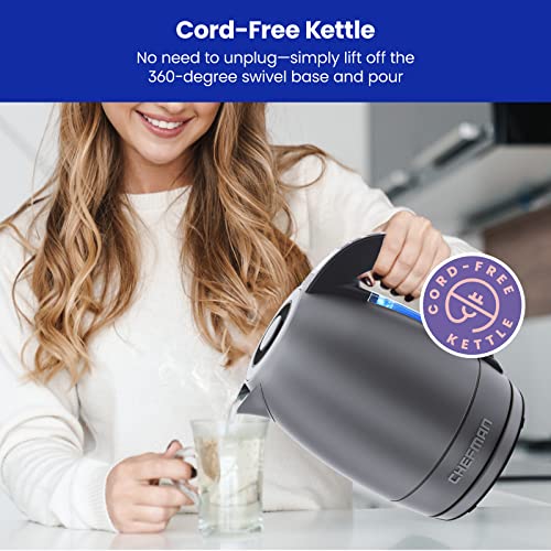 Chefman Electric Tea Kettle, 1.8 Liter Hot Water Electric Kettle Temperature Control Water Boiler with 5 Presets, Tri-Colored LED Lights, Keep Warm, Automatic Shutoff, Grey - color: Grey, style: Stainless Steel