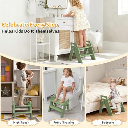Wooden 2 Step Stool for Toddler Kids Bathroom Foldable 2-Step for Toilet Potty Training, Child Stepping Stool for Kitchen Nursery Bedroom Green - color: Green