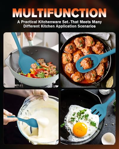 Silicone Cooking Utensils Set, Perfectly Angled for Frying, Mixing,Serving,Draining,Turning and Stirring, BPA-Free Matte Silicone, Wood Handles, Safe for Nonstick Cooking Surfaces,4 Pack (Blue) - color: Blue